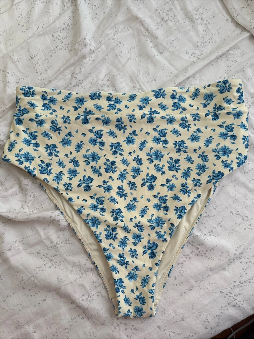 Monday Swimwear Cream High-Waist Bikini Bottom with Blue Floral Print